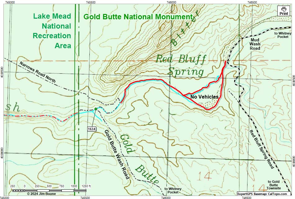 Gold Butte Wash Road Map -- Red Bluff Spring Section