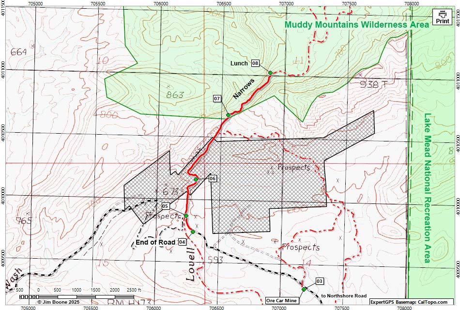 Lovell Wash Narrows Route Map -- North Section
