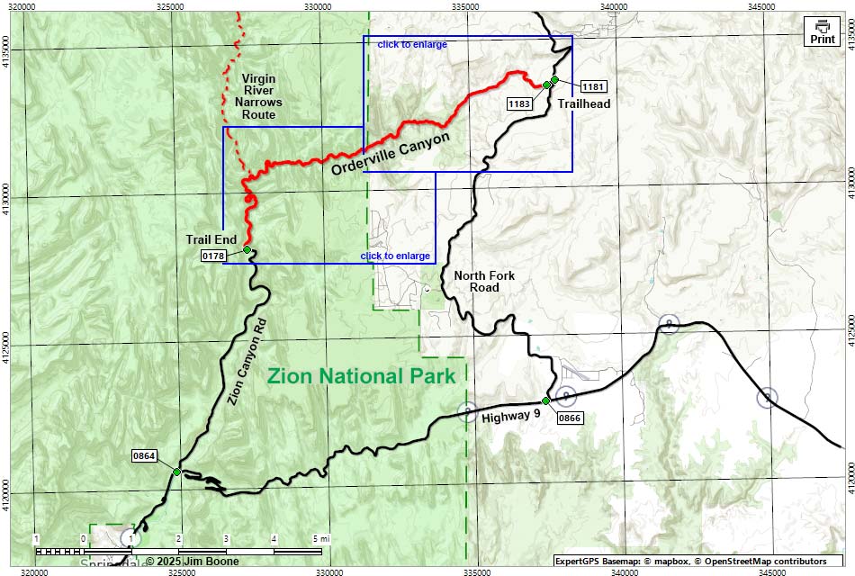 Orderville Canyon Route Map